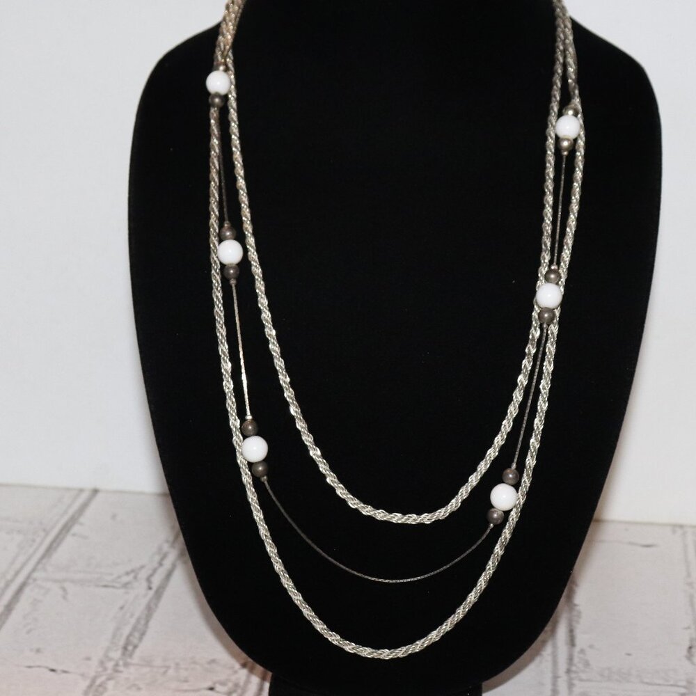Beautiful three layered chain necklace with white beads 26"